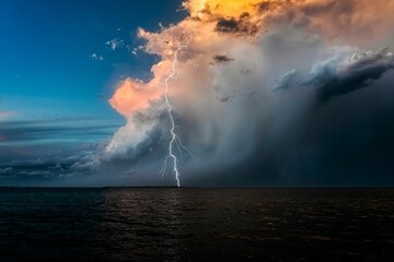 Beautiful shot of a cloudscape and lightning strike over a sea
