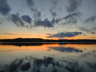 Sunset over the lake in Ternopil city (Ukraine)