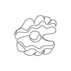Continuous line drawing of sea shell with pearl . One line drawing design. Vector illustration