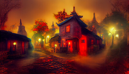 Fototapeta premium Mystical Autumn Night in the Old Ghost Village 3D Art Illustration. Small Old Town Creepy Misty Street with Lights and Weird Houses Halloween Background. AI Neural Network Generated Art Wallpape