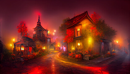 Fototapeta na wymiar Mystical Autumn Night in the Old Ghost Village 3D Art Illustration. Small Old Town Creepy Misty Street with Lights and Weird Houses Halloween Background. AI Neural Network Generated Art Wallpape