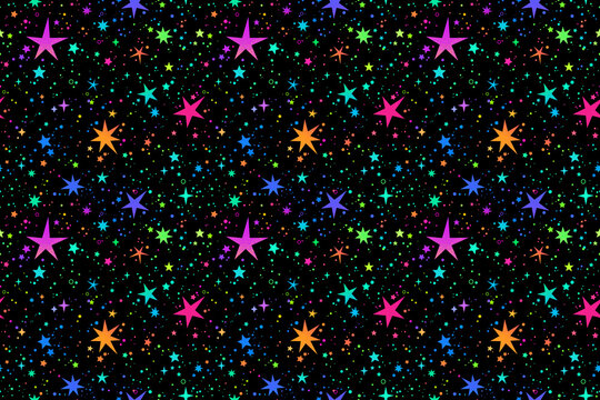 seamless contrast illustration with bright uneven stars on a black background