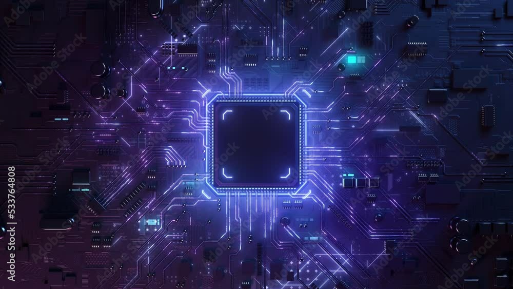 Fototapete concept animation shows the process of turning on the cpu in the motherboard. digital pulses and sig