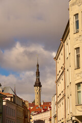 The tower of a medieval cathedral in the old town in Tallinn, Estonia.