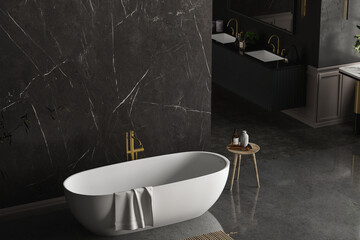 Modern luxury bathroom, dark marble background walls, white bathtub, double sink, marble countertop, mirror, indoor plants side view. Mock up. 3d rendering