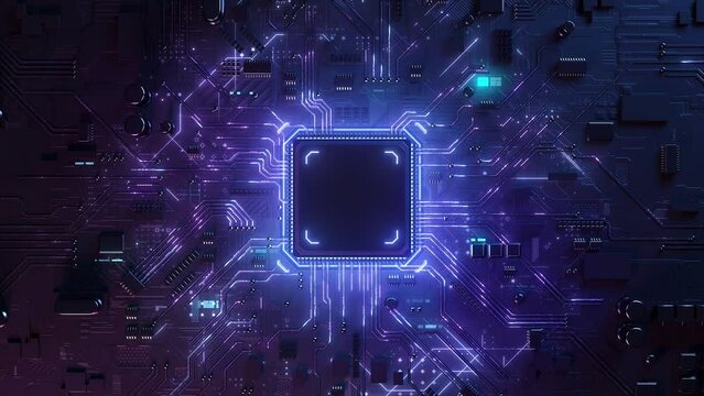 Concept animation shows the process of turning on the CPU in the motherboard. Digital pulses and signals from the chip propagate through the motherboard. 3d rendering.