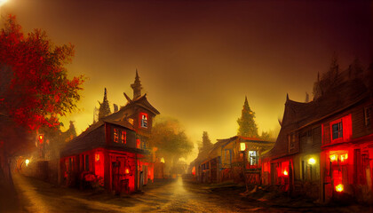 Mystical Autumn Night in the Old Ghost Village 3D Art Illustration. Small Old Town Creepy Misty Street with Lights and Weird Houses Halloween Background. AI Neural Network Generated Art Wallpape