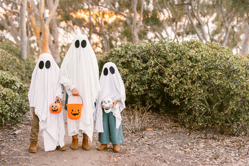 Children wearing ghost costume with pumpkin - obrazy, fototapety, plakaty