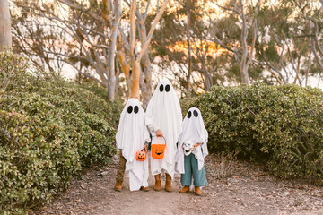 Children wearing ghost costume with pumpkin
