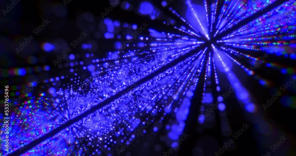 Poster bright glowing blue beautiful laser lines from dots and particles with blur effect background space 