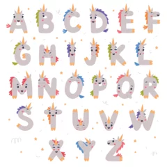 Afwasbaar Fotobehang Eenhoorns Unicorn Cute Alphabet Letter Characters with Smiling Face and Horns Vector Set