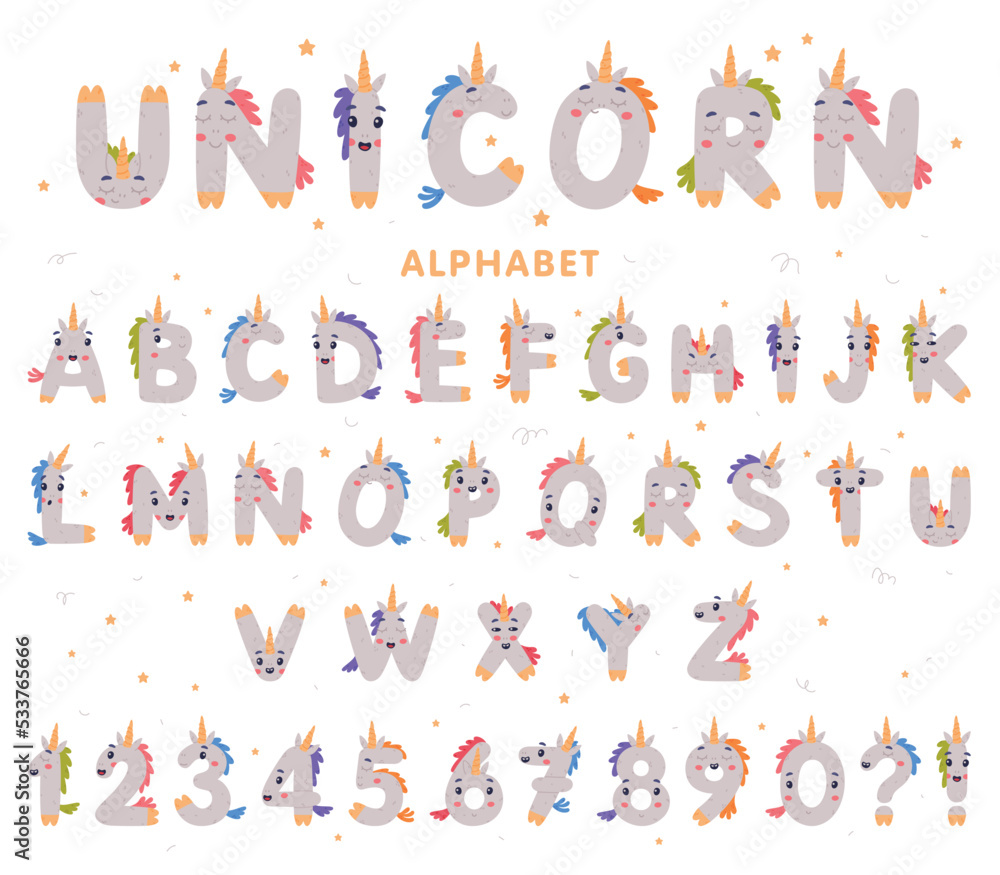 Poster unicorn cute alphabet letter characters and numbers with smiling face and horns vector set