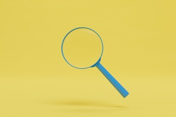 looking at objects in a magnifying glass. magnifier on a yellow background. 3D render