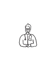 Doctor facing camera with glasses, mask and stethoscope - black and white doodle