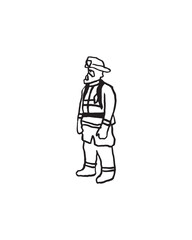 Firefighter standing with gear, black and white vector illustration