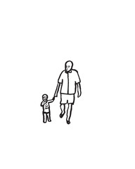 Parent or Grandparent and Child Walking, Black and White Illustration