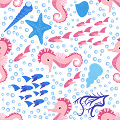 Seahorse en zeester naadloos patroon. Zee leven zomer achtergrond. Schattig zeeleven. Ontwerp voor stof en decor