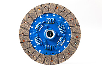 New car clutch plate isolated on white. Blue central part of clu
