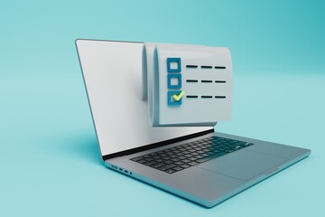 a sheet with notes in the laptop. Notepad with tasks to be performed on a laptop on a blue background. 3D render