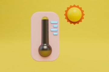 the concept of changes in weather conditions. street temperature thermometer and sun on a yellow background. 3D render