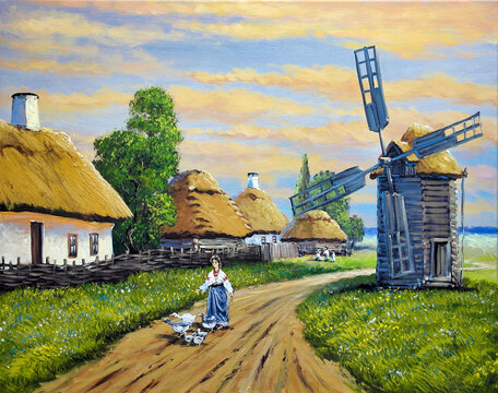 Rural landscape with an old mill, a girl grazes geese, walks along the road through the old village, Ukraine. Oil painting, painting made with paints on canvas, antique painting, fine art. 