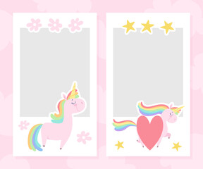 Cute Unicorn Card with Pretty Pony with Heart and Rainbow Mane Vector Template