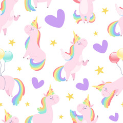 Cute Unicorn Seamless Pattern with Pretty Pony and Hearts Vector Template