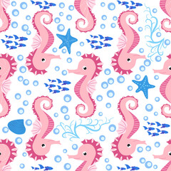 Obraz premium Seahorse and starfish seamless pattern. Sea life summer background. Cute sea life. Design for fabric and decor