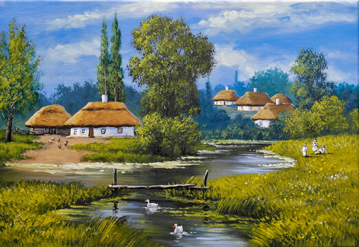 Beautiful spring landscape with river and trees. Beautiful big trees, stream, meadow with green grass. Oil paintings rural landscape with trees, fine art, artwork, landscape with lake and house