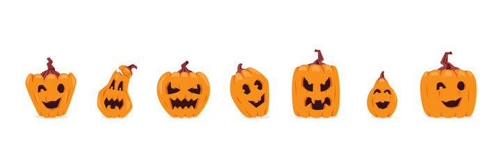 Different Halloween pumpkins with different emotions illustrations vector set isolated on white.
