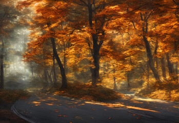 The autumn tourist road is enveloped in a warm, orange glow. The leaves on the trees are crisp and bright, red, yellow and brown. There is a cool breeze in the air, making the leaves dance and swirl a