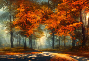 People are driving along a road that is lined with trees. The leaves on the trees are red, orange, and yellow, and the sky is a beautiful blue color.