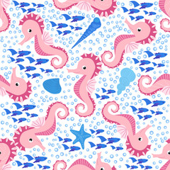 Seahorse and starfish seamless pattern. Sea life summer background. Cute sea life. Design for fabric and decor
