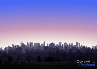 Obraz premium Morning landscape of modern city silhouettes. Cityscape with sunrise. Vector cityline background