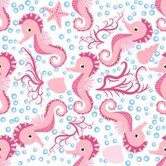 Seahorse and starfish seamless pattern. Sea life summer background. Cute sea life. Design for fabric and decor