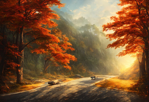 The Autumn scenic tourist road is a beautiful and serene place. The leaves are falling gently from the trees and the air is crisp and cool. The sun is shining bright in the sky, providing warmth and l