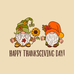 Cute gnomes fall card template. Funny scandinavian gnome characters autumn design. Happy Thanksgiving day text. Fall nordic gnomes vector for fall print, cut file, home decor, invitation, poster, etc.