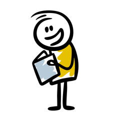 Sketch of funny doodle man reading clever book.