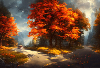 The leaves on the trees are turning red and yellow, making for a beautiful autumn scene. The road...