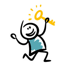 Cartoon doodle man jumping with the golden key in his arms.