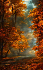 Fototapeta premium The air is crisp and the leaves are falling. The road is winding and lined with trees. There are mountains in the distance.