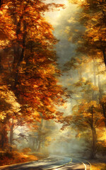 Fototapeta na wymiar I'm currently looking at an autumn scenic tourist road. There are trees all around me, their leaves a beautiful mix of red, orange, and yellow. The sun is shining down on the path ahead of me, and I c