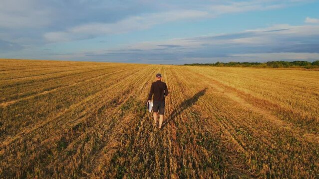 Rear aerial view farmer man walking in wheat field after harvesting. Aerial follow wide shot