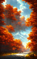 The Autumn scenic tourist road is a beautiful sight. The leaves are falling and the colors are changing. The trees are at their peak and the scenery is stunning.