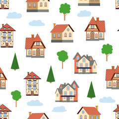 Fototapeta premium Seamless pattern of different colorful houses.