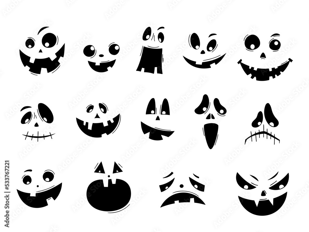 Wall mural Scary and funny Halloween pumpkin or ghost isolated faces set. Collection carved faces silhouettes. Halloween Masks. Smiling faces. Pumpkin smile. Vector illustration - Wall murals