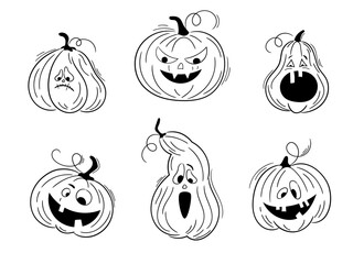 One line hand drawn Halloween emoticon pumpkins set. Jack o Lantern. Halloween in various shapes, funny faces isolated on white. Vector collection of cute pumpkins. Doodles for logo, poster, emblem