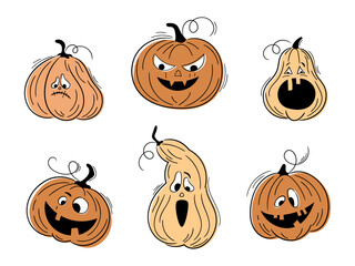 One line hand drawn Halloween emoticon pumpkins set. Jack o Lantern. Halloween in various shapes, funny faces isolated on white. Vector collection of cute pumpkins. Doodles for logo, poster, emblem.
