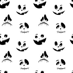 Naklejka premium Seamless pattern with emotions halloween pumpkins on white background. Funny faces for scrapbook digital paper, textile print, page fill. Vector illustration