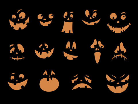 Scary and funny Halloween pumpkin or ghost faces set on black background. Collection carved faces silhouettes. Halloween Masks. Smiling faces. Pumpkin smile. Vector illustration